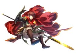  1boy arm_up boots cape closed_mouth facial_hair fate/grand_order fate_(series) full_body goatee green_tabard hashibi_rokou hector_(fate) holding holding_polearm holding_weapon knee_pads male_focus pants polearm prosthesis prosthetic_arm red_cape simple_background solo tabard weapon white_background white_pants 