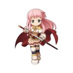  1girl armor belt black_thighhighs boobplate brown_belt cape chibi claymore_(sword) closed_mouth cross cross_of_prontera drawing_sword frown full_body gauntlets green_eyes holding holding_sword holding_weapon long_hair looking_at_viewer lord_knight_(ragnarok_online) miniskirt mole official_art over-kneehighs pauldrons pink_hair pink_skirt ragnarok_online red_cape short_bangs shoulder_armor simple_background skirt solo spiked_gauntlets standing sword tachi-e thigh-highs transparent_background v weapon yuichirou 