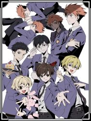  1girl 6+boys androgynous belt bishounen black_hair black_necktie blazer blonde_hair blue_eyes blush brothers brown_eyes brown_hair collared_shirt fetal_position floral_background flower fujioka_haruhi glasses hairstarfish haninozuka_mitsukuni height_difference hitachiin_hikaru hitachiin_kaoru holding holding_flower holding_stuffed_toy jacket long_sleeves looking_at_viewer male_swimwear morinozuka_takashi multiple_boys necktie one_eye_closed ootori_kyouya open_mouth orange_hair ouran_high_school_host_club ouran_high_school_uniform reaching reaching_towards_viewer red_flower red_rose reverse_trap rose rose_background school_uniform shirt short_hair siblings size_difference smile stuffed_animal stuffed_rabbit stuffed_toy suou_tamaki swim_trunks tomboy twins two-tone_necktie v very_short_hair white_background white_shirt 