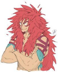  1boy arm_tattoo calgara closed_mouth crossed_arms facial_mark highres long_hair looking_up male_focus nadidafuq one_piece red_hair simple_background smile solo tattoo topless_male upper_body white_background wings 