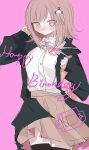  1girl black_jacket black_thighhighs blush cowboy_shot danganronpa_(series) danganronpa_2:_goodbye_despair dress_shirt hand_up happy_birthday jacket long_sleeves medium_hair miniskirt mushroom021224 nanami_chiaki neck_ribbon open_clothes open_jacket pink_background pink_eyes pink_ribbon pleated_skirt ribbon shirt simple_background skirt sleeves_past_wrists solo spaceship_hair_ornament thigh-highs white_shirt 