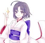  1girl floating_hair japanese_clothes kara_no_kyoukai kimono looking_at_viewer matecharon medium_hair purple_hair red_shirt ryougi_shiki shirt simple_background violet_eyes white_background white_kimono white_shirt 