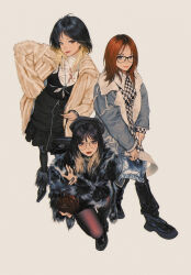  3girls absurdres black_boots black_dress black_eyes black_hair black_hat black_pantyhose blue_jacket boots brown_bag brown_coat brown_hair closed_mouth coat colored_tips commentary dress glasses hat highres jacket long_hair long_sleeves looking_at_viewer medium_hair multicolored_hair multiple_girls open_mouth original pantyhose pinafore_dress roots_(hair) shirt simple_background sleeveless sleeveless_dress symbol-only_commentary wang-xi white_background white_shirt 