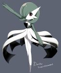  absurdres arm_up artist_name bob_cut colored_skin darrkru dress gardevoir green_hair grey_background hair_over_one_eye highres multicolored_skin pokemon pokemon_(creature) red_eyes simple_background two-tone_skin white_dress white_skin 