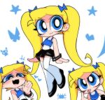  1girl :3 alternate_universe bare_arms bare_shoulders black_bracelet black_skirt blonde_hair blue_bow blue_eyes blue_tank_top bow brat_(ppg) commentary crop_top dark_persona english_commentary eyelashes flat_chest hair_bow highres kim_crab laughing long_hair looking_at_viewer miniskirt multiple_bracelets multiple_hair_bows multiple_views parted_bangs powerpuff_girls shirt short_bangs skirt sleeveless sleeveless_shirt tank_top thigh-highs tongue tongue_out twintails very_big_eyes very_long_hair white_background white_thighhighs white_undershirt zettai_ryouiki 