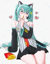  1girl absurdres animal_ears aqua_eyes aqua_hair aqua_nails arm_support black_skirt black_sleeves blush cat_ears detached_sleeves eating english_commentary fake_animal_ears food grey_shirt hatsune_miku headset heart highres holding holding_food long_hair mcdonald&#039;s shakacat shirt simple_background skirt solo striped_clothes striped_shirt twintails two-tone_shirt vocaloid waligner white_background white_shirt 