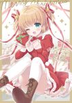  blonde_hair blue_eyes blush bow box brown_hair gift hair_ornament hair_ribbon heart-shaped_box hoshimame_mana kamikita_komari little_busters! little_busters!_school_uniform merry_christmas open_mouth red_bow ribbon santa_costume school_uniform short_hair skirt smile twintails 