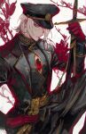  1boy black_coat black_headwear black_pants blue_eyes chest_jewel coat collar egawa_akira embroidery expressionless fate/grand_order fate_(series) flower gem gloves gold gold_buttons hand_on_own_hip hat_ornament highres holding holding_sword holding_weapon karna_(chaldea_express)_(fate) karna_(fate) long_sleeves looking_at_viewer one_eye_covered pants red_flower red_gemstone red_gloves sash sword trench_coat weapon white_background white_hair yellow_sash 