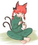  1girl alternate_costume animal_ears barefoot braid cat_ears cat_girl cat_tail commentary_request commission eating extra_ears full_body green_jacket green_pants gym_uniform indian_style jacket kaenbyou_rin mizusoba multiple_tails nekomata pants pointy_ears ramen red_eyes side_braids sitting skeb_commission solo tail touhou twin_braids two_tails white_background 