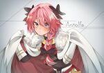  1boy :/ absurdres alternate_hair_length alternate_hairstyle armored_skirt astolfo_(fate) black_bow black_shirt blue_eyes blush bow braid cape cape_hold character_name closed_mouth fang fate/grand_order fate_(series) fur-trimmed_cape fur_trim gauntlets hair_between_eyes hair_bow hair_intakes highres long_hair male_focus multicolored_hair otoko_no_ko pink_hair sahata_saba shirt single_braid skin_fang solo streaked_hair two-sided_cape two-sided_fabric two-tone_hair upper_body violet_eyes white_background white_cape white_hair 