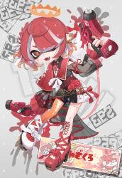  1girl asymmetrical_footwear black_shorts black_sleeves bow braid collared_shirt commission corset crown dapple_dualies_(splatoon) dual_wielding earrings english_commentary fangs feather_earrings feathers floating_crown flower footwear_bow footwear_flower full_body gradient_hair hair_flower hair_ornament hair_over_one_eye hair_ribbon highres holding holding_weapon inkling inkling_girl inkling_player_character jewelry long_sleeves mismatched_footwear multicolored_hair neck_ribbon open_mouth orange_crown orange_hair orange_thighhighs pink_flower pointy_ears puchiman red_bow red_eyes red_flower red_hair red_ribbon red_shoes ribbon see-through_clothes see-through_sleeves shirt shoes shorts signature single_braid single_thighhigh smile solo splashtag_(splatoon) splatoon_(series) splatoon_3 swept_bangs tentacle_hair thigh-highs watermark weapon white_bow white_flower white_hair white_ribbon white_shoes white_wrist_cuffs wrist_cuffs 