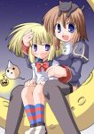  2000s_(style) 2girls :d animal_on_head black_cat black_thighhighs blonde_hair blue_dress blue_eyes bow bowtie cat cat_on_head closed_mouth crescent_moon dress fangs hair_between_eyes hand_on_another&#039;s_arm hand_on_another&#039;s_head juliet_sleeves kikkawa_(citrus_fruits) loli_ruri long_sleeves lude_(ragnarok_online) moon multiple_girls on_head open_mouth pointy_ears priest_(ragnarok_online) puffy_sleeves ragnarok_online red_bow red_bowtie short_hair sitting sleeve_cuffs slit_pupils smile socks star_(sky) striped_clothes striped_socks thigh-highs violet_eyes zettai_ryouiki 