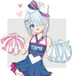  1girl absurdres arona_(blue_archive) blue_archive blue_eyes blue_hair braid cheerleader choker cowboy_shot hair_over_one_eye heart highres holding holding_pom_poms looking_at_viewer official_alternate_costume open_mouth pom_pom_(cheerleading) saekiya_sabou short_hair single_braid smile solo white_choker 