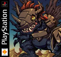  black_wings blue_skin box_art colored_skin commentary cyborg derivative_work digimon digimon_(creature) digimon_world dinosaur english_commentary fake_box_art helmet highres horns long_hair mechanical_arms metalgreymon_(virus) no_humans playstation_logo red_hair ridgeone sharp_teeth single_mechanical_arm slit_pupils solo spiky_hair teeth torn_wings video_game_cover_redraw wings yellow_eyes 