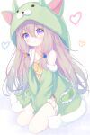  1girl :3 animal_hood coat full_body green_coat green_hood highres hood kneeling light_brown_hair long_hair looking_at_viewer original revision simple_background violet_eyes white_background yottacc 