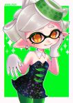  1girl bare_arms bare_shoulders black_dress bow-shaped_hair breasts chiru_spla27 detached_collar dress earrings food food_on_head gloves green_pantyhose grey_hair half_updo highres hoop_earrings inkling jewelry marie_(splatoon) mole mole_under_eye object_on_head pantyhose pointy_ears short_dress small_breasts solo splatoon_(series) strapless strapless_dress swept_bangs tentacle_hair white_gloves yellow_eyes 