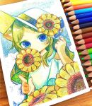  1girl animal_ear_fluff animal_ears art_tools_in_frame blue_eyes blue_ribbon blue_sky border cat_ears clothing_cutout colored_pencil_(medium) commentary_request dress flower green_hair hair_flower hair_ornament hand_on_headwear hands_up hat hat_flower hat_ribbon highres holding holding_flower index_finger_raised long_hair looking_at_viewer no_mouth no_nose original outdoors photo_(medium) piyoko9494 ribbon shoulder_cutout sky solo summer sun_hat sunflower traditional_media upper_body white_border white_dress white_headwear yellow_flower 