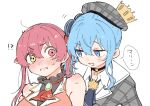  !? 2girls ascot blue_eyes blue_hair blush choker collar commentary embarrassed english_commentary flirting grey_headwear grey_jacket half-closed_eyes hand_on_another&#039;s_shoulder heterochromia hololive hoshimachi_suisei hoshimachi_suisei_(1st_costume) houshou_marine houshou_marine_(1st_costume) jacket light_blue_hair multiple_girls ohagi_0909 plaid_headwear red_ascot red_eyes redhead shoulder_blush simple_background speech_bubble star_(symbol) star_choker translated virtual_youtuber white_background white_collar yellow_eyes yuri 