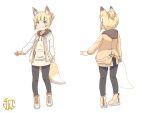  1girl animal_ear_fluff animal_ears black_pants blonde_hair blue_eyes blush brown_footwear brown_hoodie closed_mouth commentary_request drawstring facial_mark fox_ears fox_girl fox_tail highres hood hood_down hoodie jacket kuro_kosyou long_sleeves looking_at_viewer multiple_views open_clothes open_jacket original pants ponytail shoes short_hair simple_background smile standing tail v white_background white_jacket x-ray 