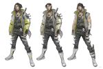  1boy apex_legends asian belt black_eyes black_headwear black_pants black_shirt blonde_hair boots brown_belt clenched_hands collarbone concept_art crypto_(apex_legends) dreadlocks english_commentary fingerless_gloves frown full_body gloves gradient_hair green_vest grey_footwear grey_gloves grey_jacket hair_between_eyes hethe_srodawa jacket jewelry male_focus medium_hair multicolored_hair necklace official_art pants parted_lips production_art prototype_design shirt simple_background sleeves_past_wrists variations vest white_background 