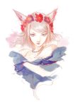  1girl animal_ears blue_dress blue_eyes cat_ears dress english_commentary final_fantasy final_fantasy_xiv floating_hair flower grey_hair head_wreath looking_at_viewer miqo&#039;te muju off_shoulder portrait purple_flower red_flower short_hair sketch solo warrior_of_light_(ff14) white_background 