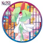  blush colored_skin covering_own_mouth floral_background flower green_hair hair_over_one_eye hand_over_own_mouth kirlia long_hair looking_at_viewer multicolored_skin pink_eyes pokemon pokemon_(creature) two-tone_skin white_skin zakro 