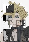  1boy armor black_hair black_sweater blonde_hair blue_eyes cloud_strife cross_scar earrings expressionless final_fantasy final_fantasy_vii final_fantasy_vii_rebirth final_fantasy_vii_remake green_eyes grey_background grey_hair heterochromia high_collar jewelry looking_at_viewer male_focus mtr_dayoo multicolored_hair pauldrons scar scar_on_cheek scar_on_face sephiroth short_hair shoulder_armor single_pauldron sleeveless sleeveless_sweater sleeveless_turtleneck spiky_hair stud_earrings suspenders sweater turtleneck turtleneck_sweater upper_body zack_fair 