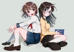  2girls absurdres back-to-back black_skirt blue_eyes blue_skirt blush bow bowtie cardigan collared_shirt glasses highres konatsu_miki multiple_girls original red_eyes sailor_collar school_uniform serafuku shirt sitting skirt smile socks thighs uniform white_socks 