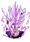  1boy absurdres aura blood blood_from_mouth blood_on_face collarbone crackling_energy cropped_torso debris dougi dragon_ball dragon_ball_super dragon_ball_super_super_hero gohan_beast highres injury long_hair looking_at_viewer male_focus muscular muscular_male oharu2000 purple_shirt red_eyes shirt smile solo son_gohan spiky_hair upper_body white_background white_hair 