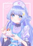  1girl absurdres artist_name blue_dress blue_eyes blue_hair cake closed_mouth commentary_request crescent crescent_hair_ornament dated double_bun dress food fork hair_bun hair_ornament hat highres holding holding_fork holding_plate long_hair looking_at_viewer mirutani_nia noripro nurse_cap plate puffy_short_sleeves puffy_sleeves purple_shirt shirt short_sleeves smile solo upper_body virtual_youtuber wrist_cuffs yuri_kyanon 