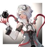  1girl absurdres animification apex_legends blood_moon_catalyst blue_eyes border cable catalyst_(apex_legends) clothing_cutout crescent crescent_hair_ornament eyebrow_piercing flat_chest gloves grey_hair gu_gu_ya hair_ornament head_tilt highres jacket looking_to_the_side official_alternate_costume open_hand outside_border piercing red_gloves red_lips short_hair shoulder_cutout smile solo white_border white_jacket 
