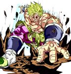  1boy abs arm_guards blank_eyes boots broly_(dragon_ball_super) debris dragon_ball dragon_ball_super emphasis_lines fur-trimmed_waist_cape fur_trim green_hair hand_on_ground highres large_pectorals legendary_super_saiyan male_focus muscular muscular_male nipples official_style oharu2000 open_mouth pants pectorals purple_pants rubble scar scar_on_arm scar_on_chest shouting simple_background solo spiky_hair super_saiyan topless_male toriyama_akira_(style) waist_cape 