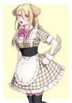  1girl absurdres animal_ears apron black_thighhighs blonde_hair blush border bow bowtie corset dog_ears dog_tail dress frilled_apron frills garter_straps glaring hair_between_eyes hand_on_own_hip highres ichiko_(this_communication) long_hair looking_at_viewer name_tag nishi_no_chigo open_mouth orange_eyes outside_border pink_bow pink_bowtie plaid plaid_dress puffy_short_sleeves puffy_sleeves short_sleeves simple_background solo sweat tail thigh-highs this_communication underbust v-shaped_eyebrows waitress white_apron white_border wrist_cuffs yellow_background 