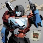  arrow_(symbol) blush frown glowing glowing_eye grey_background gun highres holding holding_gun holding_weapon looking_ahead mecha microchip perceptor_(transformers) robot sa_buroo shoulder_cannon smoke solo sparkle the_transformers_(idw) transformers translation_request upper_body weapon 