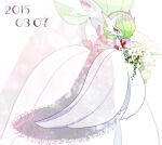  bob_cut bouquet bridal_veil dress flower gardevoir green_hair hair_over_one_eye holding holding_bouquet looking_back mega_gardevoir pink_eyes pokemon pokemon_(creature) simple_background smile tiara veil white_dress zakro 