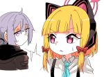 2girls animal_ear_headphones animal_ears black_jacket blonde_hair blue_archive blue_necktie blunt_bangs cat_ear_headphones collared_shirt commentary crossover fake_animal_ears girls_frontline grey_hair haho hair_between_eyes hair_ribbon halo headphones hood hooded_jacket jacket long_hair long_sleeves looking_at_another low_ponytail m200_(girls&#039;_frontline) momoi_(blue_archive) multiple_girls necktie red_eyes ribbon school_uniform shirt short_hair sidelocks simple_background sparks suspenders sweatdrop symbol-only_commentary tress_ribbon v-shaped_eyebrows violet_eyes white_background white_shirt 