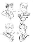  4boys aiguillette animal_ears ascot bokuto_koutarou bow bowtie character_request chengongzi123 closed_mouth collared_shirt earrings elf english_commentary epaulettes feather_earrings feathers fox_boy fox_ears grin haikyuu!! highres jewelry kemonomimi_mode lineart looking_at_another looking_to_the_side male_focus multicolored_hair multiple_boys pointy_ears portrait shirt short_hair simple_background sketch smile streaked_hair suspenders thick_eyebrows ushijima_wakatoshi very_short_hair white_background 