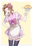  1girl :3 absurdres apron arm_behind_back black_thighhighs blush border bow bowtie brown_eyes brown_hair dress feet_out_of_frame food forehead frilled_apron frills gloves hair_bow hand_up highres holding holding_plate leaning_forward looking_at_viewer nico_(this_communication) nishi_no_chigo omelet omurice open_mouth outside_border pink_bow pink_bowtie pink_dress pink_sailor_collar plate puffy_short_sleeves puffy_sleeves sailor_collar short_dress short_ponytail short_sleeves sidelocks simple_background smile solo standing thick_eyebrows thigh-highs this_communication waitress white_border white_gloves yellow_background 