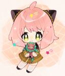  1girl ahoge anya_(spy_x_family) blush chibi director_chimera_(spy_x_family) dress full_body green_eyes hairpods holding holding_stuffed_toy long_sleeves pink_hair rocomoconeko smile socks solo spy_x_family star_(symbol) stuffed_toy 