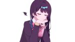  1girl :d black_jacket blazer blue_jacket cellphone collared_shirt demon_wings facing_viewer grin hands_on_own_cheeks hands_on_own_face head_rest highres holding holding_phone jacket long_hair mamenae mini_wings nijisanji open_mouth phone pixel_art purple_hair school_uniform shirt sidelocks simple_background smartphone smile solo straight_hair teeth tsukino_mito two-sided_fabric two-sided_jacket upper_body white_background white_shirt wings 
