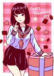  1girl absurdres b1a3beb0d9 black_hair black_skirt blunt_bangs chocolate finger_to_cheek gift happy_valentine highres lipstick makeup original sailor school_uniform serafuku short_hair skirt smile uniform upper_body valentine 