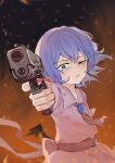  1girl absurdres ayo_rimaisu blue_hair damaged fiery_background fire gun h&amp;k_usp handgun highres holding holding_gun holding_weapon looking_at_viewer pink_shirt pink_skirt pointing_gun remilia_scarlet shirt short_hair sketch skirt solo touhou weapon 