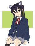  1girl animal_ear_hairband animal_ears black_hair black_hairband black_socks blazer blush brown_eyes cat_ear_hairband cat_ears closed_mouth collared_shirt fake_animal_ears feet_out_of_frame green_background grey_skirt hairband hand_on_own_leg highres invisible_chair jacket k-on! kneehighs long_hair long_sleeves looking_at_viewer nakano_azusa neck_ribbon piezo pleated_skirt red_ribbon ribbon sakuragaoka_high_school_uniform school_uniform shirt simple_background sitting skirt socks solo twintails two-tone_background white_background white_shirt 