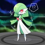  !? alternate_hairstyle colored_skin dress gardevoir green_hair hair_over_one_eye long_hair looking_at_viewer multicolored_skin open_mouth pink_eyes pokemon pokemon_(creature) sparkle sweatdrop two-tone_skin white_dress white_skin zakro 