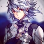  1boy aokamei armor bishounen blurry blurry_background commentary corrin_(fire_emblem) corrin_(male)_(fire_emblem) english_commentary eyelashes fire_emblem fire_emblem_fates grey_hair hair_between_eyes looking_at_viewer male_focus parted_lips red_eyes short_hair solo upper_body 