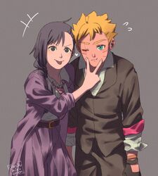  1boy 1girl ariamikukanzaki black_gloves black_jacket blonde_hair blue_eyes boruto:_two_blue_vortex bow bowtie braid coat commentary diagonal-striped_bow diagonal-striped_bowtie diagonal-striped_clothes facial_mark fingersmile flying_sweatdrops gloves grey_background high-waist_skirt hunched_over jacket kakei_sumire naruto_(series) one_eye_closed pleated_skirt purple_coat purple_skirt scar scar_across_eye skirt sleeves_rolled_up striped_clothes tongue tongue_out twitter_username uzumaki_boruto v-shaped_eyebrows whisker_markings 