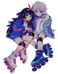  1boy 1girl :3 alluka_zoldyck alternate_costume black_hair blue_eyes blue_jacket blue_shorts blunt_bangs blunt_sidelocks bright_pupils brother_and_sister hat_babo headphones headphones_around_neck highres hunter_x_hunter inline_skates jacket killua_zoldyck knee_pads leaning_on_person long_hair open_clothes open_jacket roller_skates shirt short_hair shorts siblings simple_background sitting skates smile socks white_background white_hair white_pupils white_shirt white_socks 