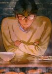  1boy absurdres akaashi_keiji black_hair bowl brick_wall brown_sweater chengongzi123 closed_mouth collared_shirt crossed_arms food glasses green_eyes haikyuu!! highres indoors long_sleeves looking_at_viewer male_focus meat plate restaurant shirt short_hair smile sweater upper_body very_short_hair yakiniku 