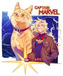  1girl animal animal_ear_fluff animal_ears animal_nose animification belt black_eyes blonde_hair blue_bodysuit blue_eyes blue_sky bodysuit border brown_jacket captain_marvel captain_marvel_(film) carol_danvers cat cat_ears cat_tail character_name clenched_hand closed_mouth collar collared_jacket colored_sclera goose_(marvel) hand_in_pocket hand_up inzup jacket long_sleeves looking_at_viewer marvel marvel_cinematic_universe military_jacket open_clothes open_jacket outside_border pocket red_belt red_bodysuit red_collar saturn_(planet) short_hair sky smile space sparkle standing star_(sky) star_(symbol) starry_sky superhero_costume tail two-tone_bodysuit v-shaped_eyebrows white_border yellow_fur yellow_sclera 