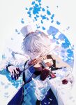  1boy absurdres baocaizi black_gloves blue_flower bow_(music) bungou_stray_dogs commentary film_grain flower gloves half_mask hat highres holding holding_bow_(music) holding_instrument holding_violin instrument jacket long_hair male_focus mask miniskirt music nikolai_gogol_(bungou_stray_dogs) petals playing_instrument simple_background skirt solo top_hat upper_body violin white_background white_hair white_headwear white_jacket 